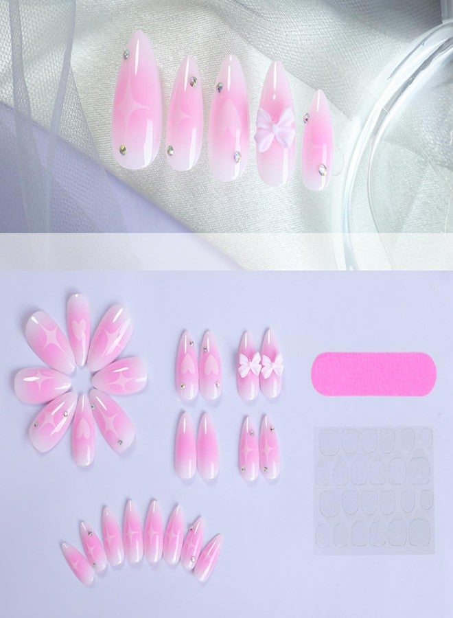 BSBTBZ Pink Gradient Press on Nails Fake Nails Almond-shaped blush Bow Star with Rhinestones Design Glossy Stick on Nails Acrylic Artificial Nails Oval False Nails for Women Girls DIY Manicure Decoration - Image 4